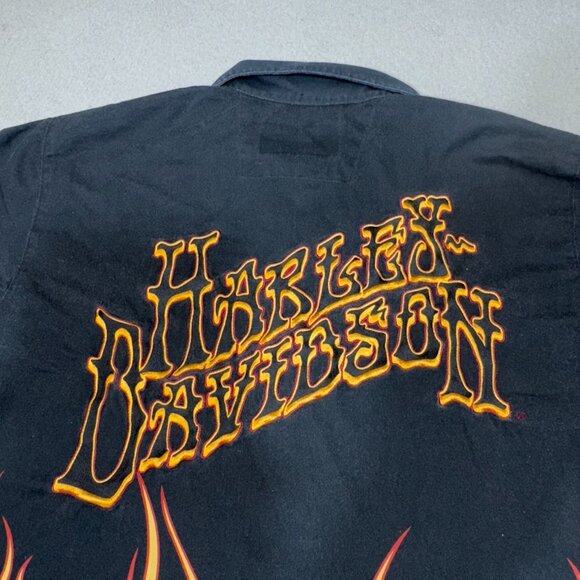 Harley Davidson Shirt Men Large Black‎ Orange Flames Script Bar Shield Zip Short - Picture 3 of 16